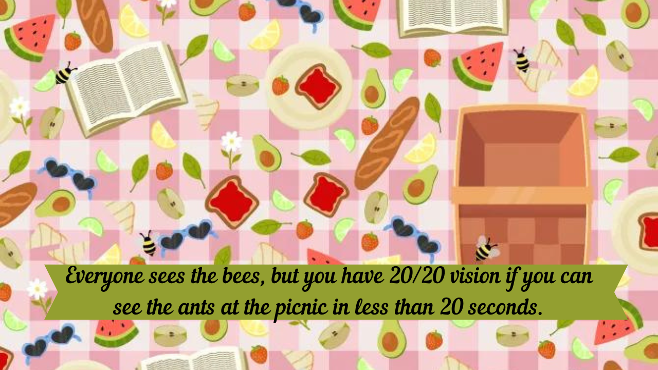 Everyone sees the bees, but you have 20/20 vision if you can see the ants at the picnic in less than 20 seconds.